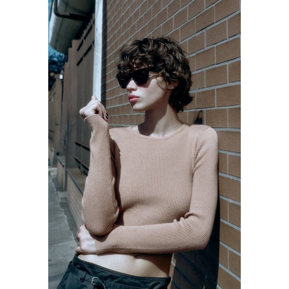 Zara Cropped Soft-Touch Ribbed Sweater Dark Beige Size M